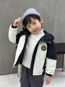 SHEIN Young Boy Classic Black & White Hooded  Coat, Fashionable & Cold-Resistant, Suitable For Autumn & Winter - Black and White - View 5