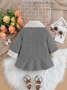 SHEIN Baby Girls' Fluffy Collar Houndstooth Jacket, Suitable For Formal Occasions - Black and White - View 2