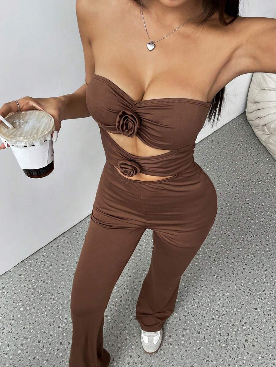EgrlEra Women's Solid Color Cutout 3D Floral Decor Strapless Jumpsuit - Coffee Brown - View 1