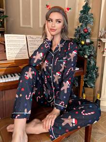 Conjunto de pijama con manga larga y cuello de solapa con estampado de hombre de jengibre navideño