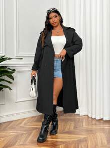 SHEIN EZwear Áo khoác dài bó eo màu đen cổ điển cỡ lớn, thu đông - màu đen - Xem 6