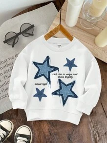 SHEIN Young Boys Casual Simple Pentagram Pattern Loose Crew Neck Comfortable Thickened Long Sleeve Sweatshirt, Suitable For Summer
