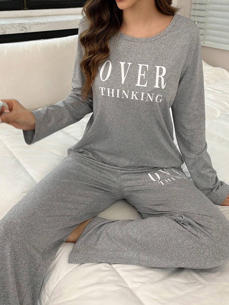 字母印花长袖睡衣套装，秋冬舒适优雅细节 - 灰色 - 查看 1