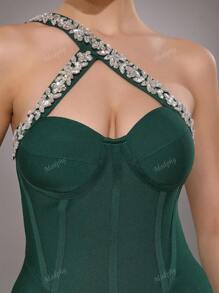 Modphy Vestido asimétrico sexy de cuello verde con brillos, vestido largo formal de mujer para noche, boda, fiesta y vestido de invitada de boda