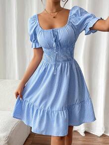 SHEIN Essnce Vestido de vuelo ajustado y plisado en cuadros con lazo - Azul - Ver 4