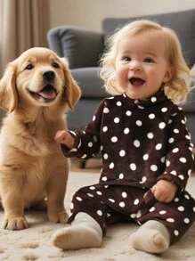 1 bộ đồ liền thân dài tay có mũ trùm đầu chấm bi và quần dài thoải mái cho bé gái - Cà phê nâu - Xem 1