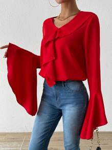 Chiquease Blusa con escote en V con volantes y mangas acampanadas para mujer