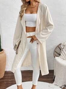 SHEIN LUNE Abrigo largo de manga larga regular de unicolor con cinturón para mujer - Albaricoque - Ver 7