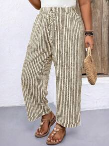 SHEIN LUNE 條紋印花束口腰長褲 - 杏色 - 查看 3