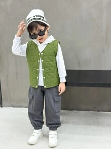 SHEIN 1pc Young Boy Casual Plaid Padded Vest, Suitable For Daily, School, Outdoor Play In Autumn & Winter - Army Green - View 5