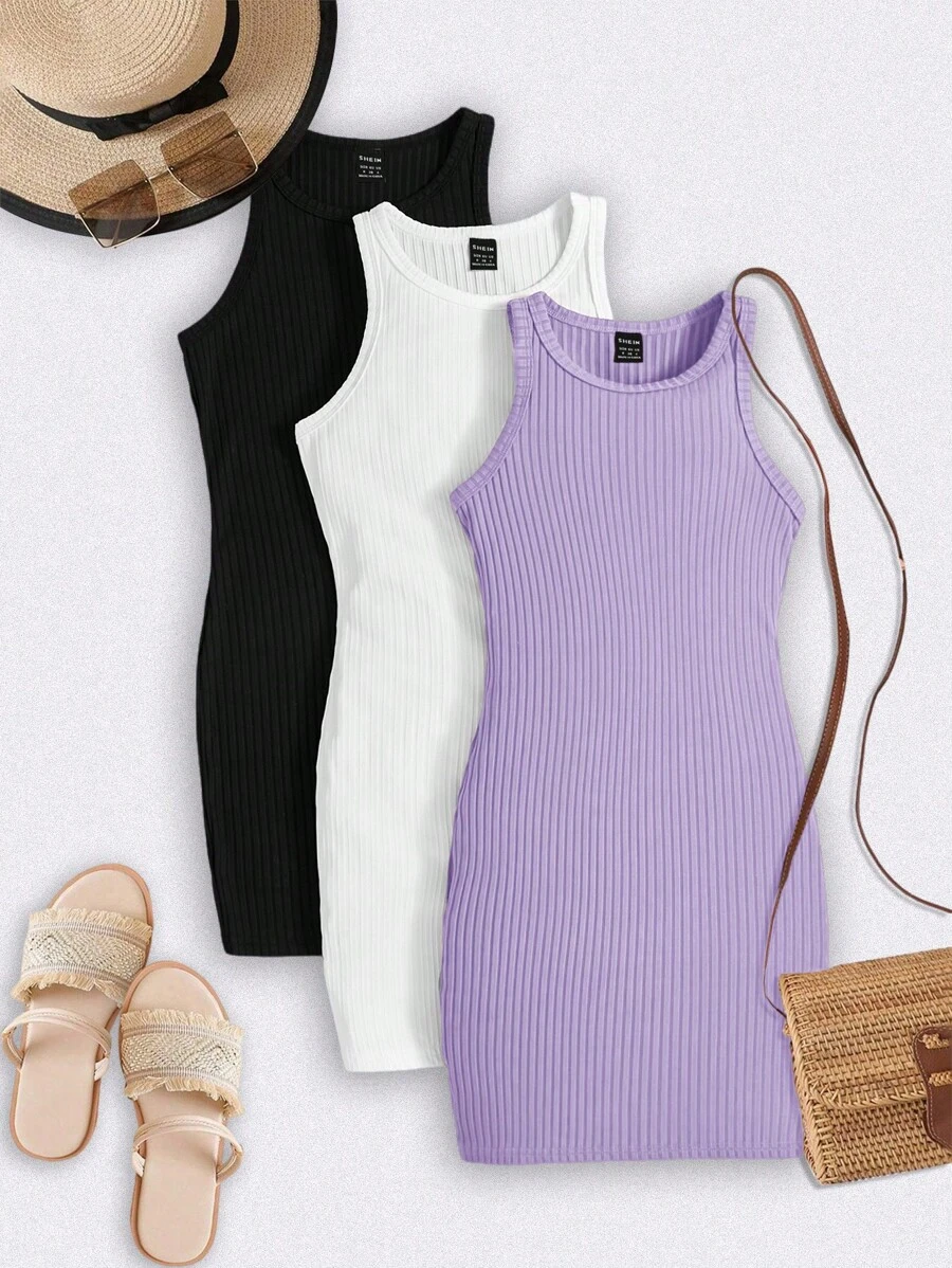 SHEIN 3 Stücke Set für Teenager-Mädchen: Einfarbiges, figurbetontes, ärmelloses Freizeitkleid mit Rundhalsausschnitt