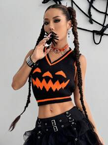 Flirla Chaleco informal sin mangas con estampado de calabaza para mujer, ropa de Halloween