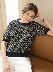 Knit Mix 优雅女士春夏时尚日常居家休闲通勤气质法式针织撞色图案短袖圆领罗纹边宽松套头T恤上衣，基础款返校复古春夏情侣装 - 黑色 - 查看 2