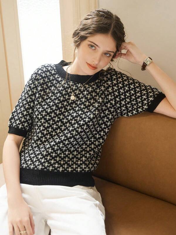 Knit Mix Elegant Women's Chic Knit French Commuter T-Shirt, Casual Short Sleeve Round Neck Top, Loose Fit Floral Design For Autumn Winter, Basics Back To School Autumn Winter Fall Women Clothes,Suitable For Christmas, Thanksgiving, And New Year