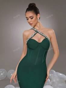 Modphy Vestido asimétrico sexy de cuello verde con brillos, vestido largo formal de mujer para noche, boda, fiesta y vestido de invitada de boda