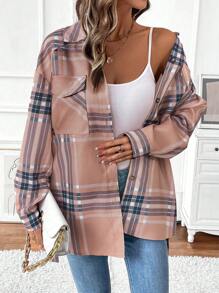 SHEIN LUNE Classic Plaid Print Front Button Pocket Long Sleeve Jacket Fall Cloth For Women