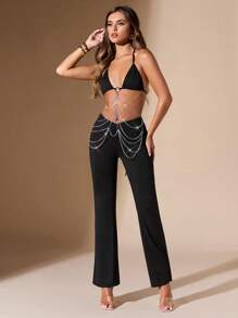 SHEIN BAE Women's Spaghetti Strap Backless Rhinestone Embellished Jumpsuit, Form-Fitting, Flared, For Vacation, Nightclub, Party - Black - View 5