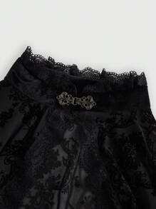 ROMWE Gothic Versatile Slit Bell Sleeve Women Retro Flocked Black Lace Top - Black - View 3