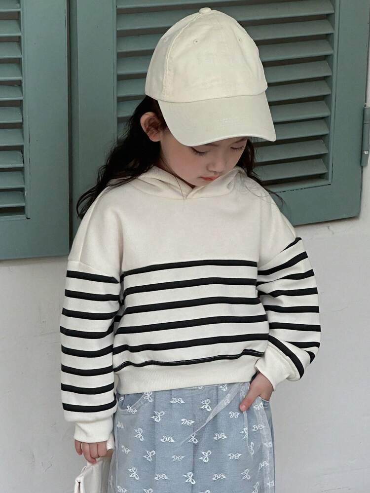 Sudadera con capucha de rayas con forro térmico de punto para niñas, ropa de otoño