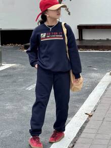 DAZY 2 件套 Tween Girl 针织字母印花运动衫套装，秋季 - 藏蓝色 - 查看 6