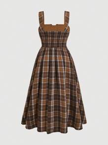 SHEIN MOD Váy midi kẻ caro cổ điển cỡ lớn cho nữ, có váy ngoài cùng màu - màu nâu - Xem 2