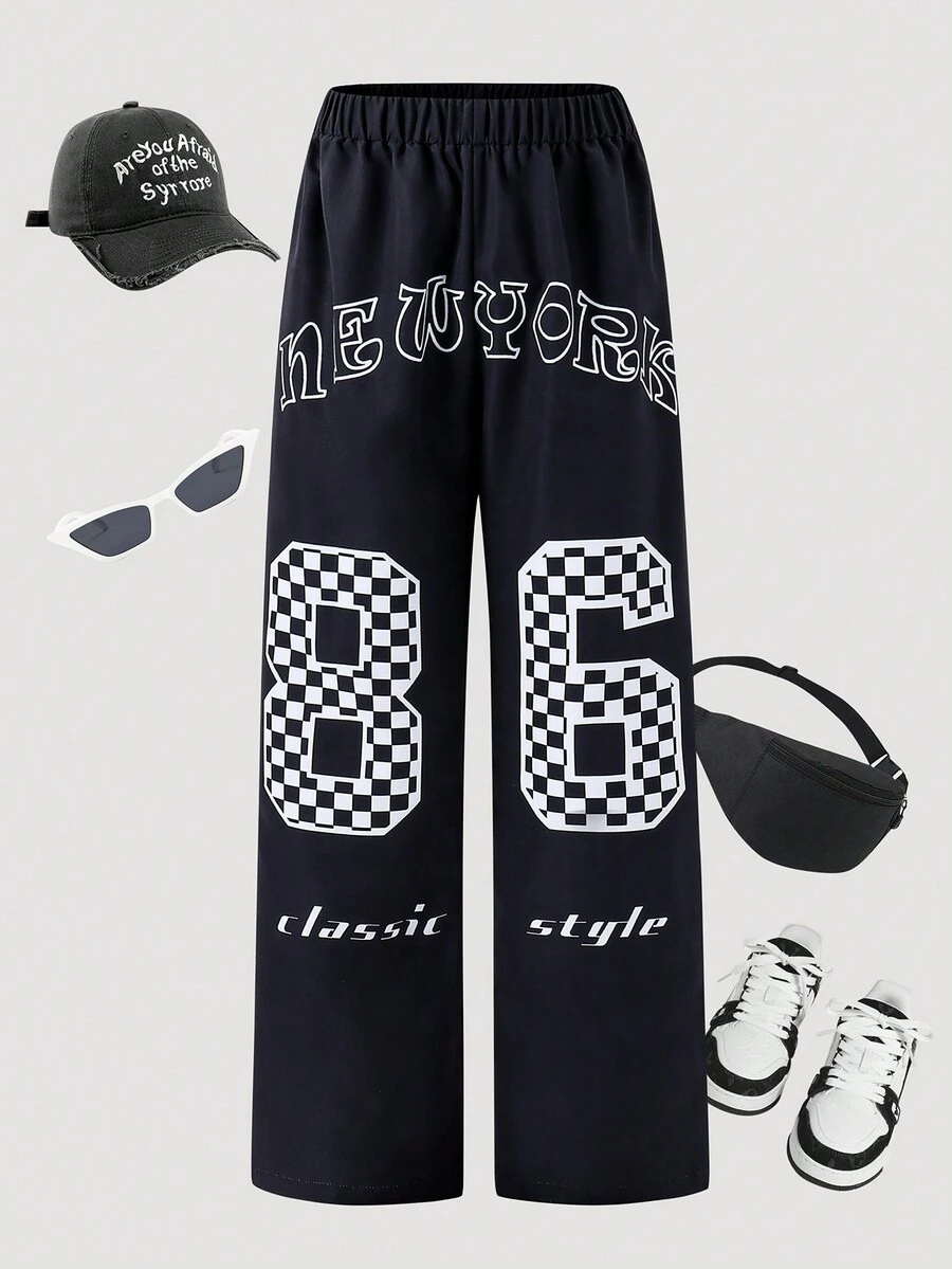 SHEIN Explorewe Pantalon droit pour filles pré-adolescentes avec imprimé lettre et chiffre 18 ans - Noir - Voir 1