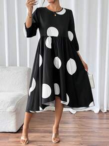 SHEIN Unity Women's Polka Dot Allover Print Round Neck Mid-Sleeve Ruched Casual Beach Dress - Multicolor - View 6
