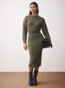 BizChic 女士优雅办公室修身长袖针织连衣裙秋季服装优雅连衣裙秋季连衣裙 - 橄欖綠 - 查看 1