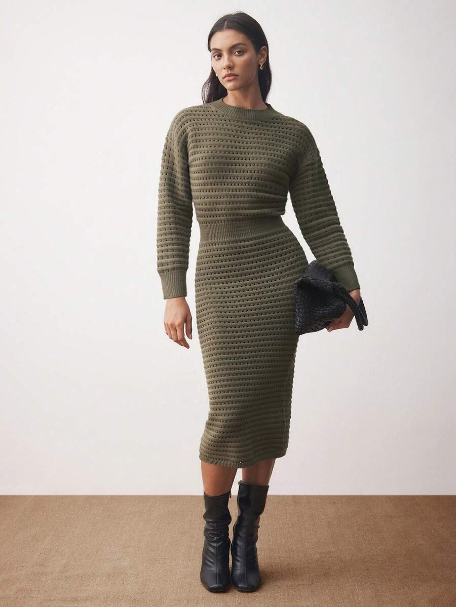 BizChic 女士优雅办公室修身长袖针织连衣裙秋季服装优雅连衣裙秋季连衣裙 - 橄欖綠 - 查看 1