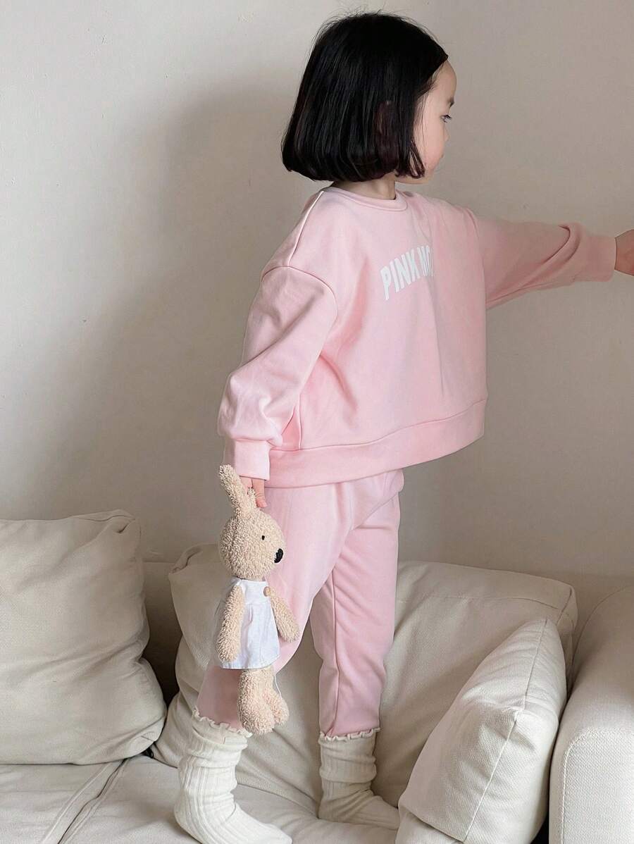 Dazy Kids 2pcs/Set Young Girl Round Neck Letter Knit Fleece Sweatshirt And Leggings, Fall Outfit, Winter - Pink - View 1