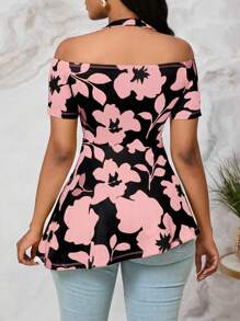 SHEIN Lady 花卉印花不对称下摆黄色露肩衬衫，夏日海滩 - 粉色 - 查看 2