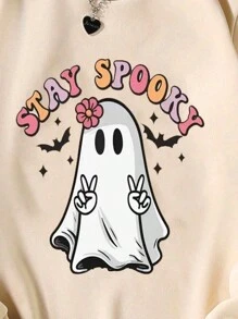 Tween Girl Cute Ghost Graphic Round Neck Long Sleeve Sweatshirt - Apricot - View 3