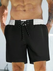 Zalmeno Quần short đi biển thông thường có dây rút màu tương phản cho nam - Đen và trắng - Xem 4