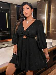 大码女式春秋法式拼布领深 V 领休闲设计扭纹镂空灯笼袖优雅派对鸡尾酒会连衣裙，带金属亮片、松紧腰带、飘逸荷叶边下摆 - 黑色 - 查看 3