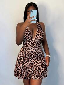 Slaydiva Sexy Lady's V-Neck Ruffle Hem Open Back Tie Waist Fitted Leopard Print Dress For Spring And Summer - Brown - View 3