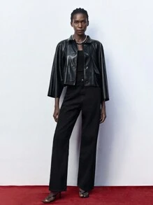 Maija Áo khoác bomber tay dài màu trơn bằng da PU dành cho nữ, cài nút phía trước, màu đen - màu đen - Xem 2