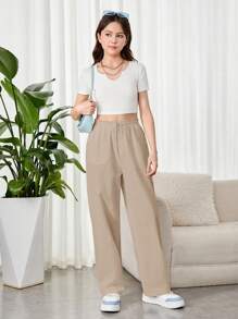 青少年女孩编织抽绳腰宽松直腿休闲裤 - 卡其色 - 查看 7