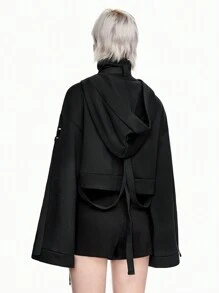 ROMWE Grunge Punk Áo hoodie oversize phong cách đường phố có dây rút màu đen trơn dành cho nữ - màu đen - Xem 3