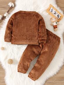 SHEIN 小男孩 2 件套可爱卡通刺绣长袖法兰绒睡衣套装，秋冬季 - 棕色 - 查看 2