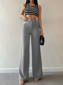 EURMUSE Solid Color Wide Leg Suit Pants With Belt - Grey - View 3