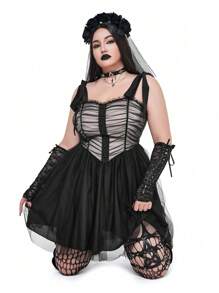 Flirla Goth Punk Gothic Punk Style Vintage Ruffle Mesh Patchwork Gathered Waist Dress, Halloween/Dark Punk - Black - View 4