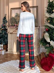 圣诞树印花长袖上衣和格子裤睡衣套装，秋冬服装 - 白色 - 查看 2