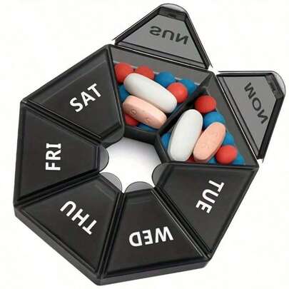 1Pc One Week 7-Point Pill Box Round, 7-Grid Carry-On Weekly Sub-Package Small Pill Box, Mini 7-Day Portable Pill Accessories Box, Decorations, Gifts,Back To School