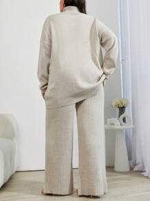 EURMUSE Plus Size Sweater 2pcs High Neck Drop Shoulder Sweater And Ribbed Solid Color Sweater Pants, For Winter - Beige - View 2