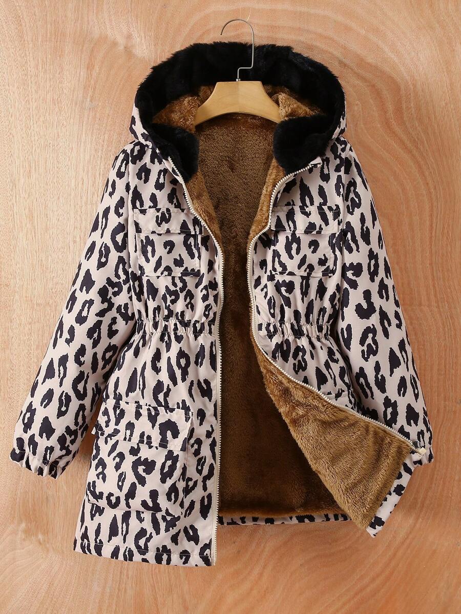 Sparklyn Tween Girl Leopard Print Hooded Multi-Pocket Thermal Lined Windbreaker, For Christmas - Multicolor - View 1