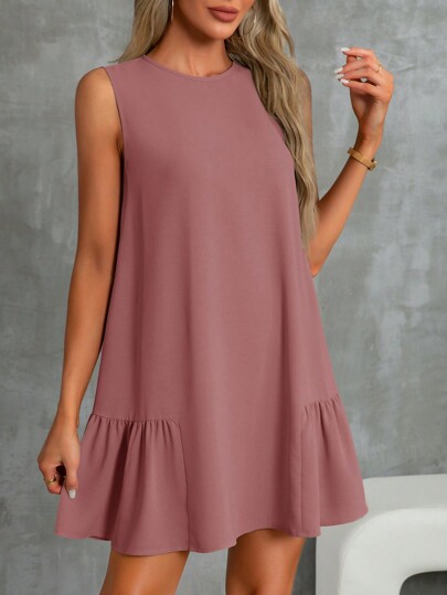 SHEIN Essnce Boho Dress Baby Blue Dress Vestidos Casuales Linen Women's Striped Round Neck Sleeveless Casual Mini Dress