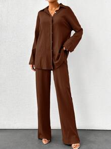 SHEIN Cottnline 棉质高码纯色纹理面料衬衫和裤子两件套 - 棕色 - 查看 5
