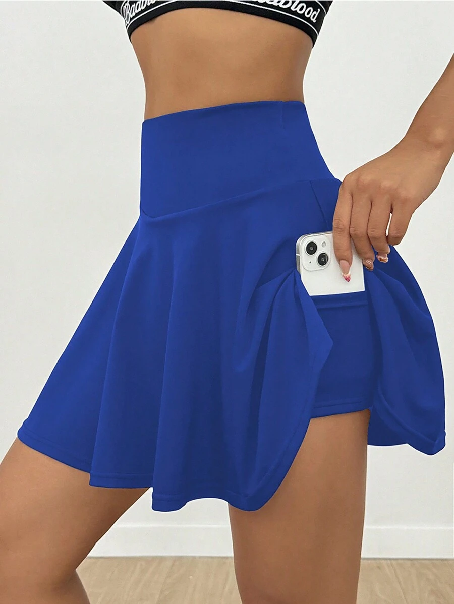 Váy mini bỏ túi cạp cao đơn giản màu trơn cho nữ, váy xanh đi nghỉ thường ngày - Màu xanh lam - Xem 1