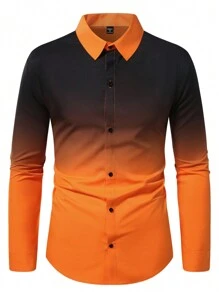 Manfinity Mode Ombre Front Button Casual Long Sleeve Shirt, Orange Dress Shirt Men, Black And Orange Shirt Men, Men Dress Shirt, Men Fashion Shirt, For Fall - Multicolor - View 4