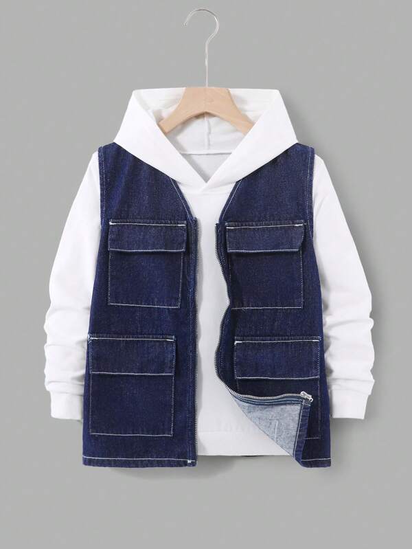 SHEIN Tween Boy Fashion Casual Multi-Pocket Design Blue Denim Sleeveless Cargo Vest For Dailywear And Fall/Winter Kids Clothes